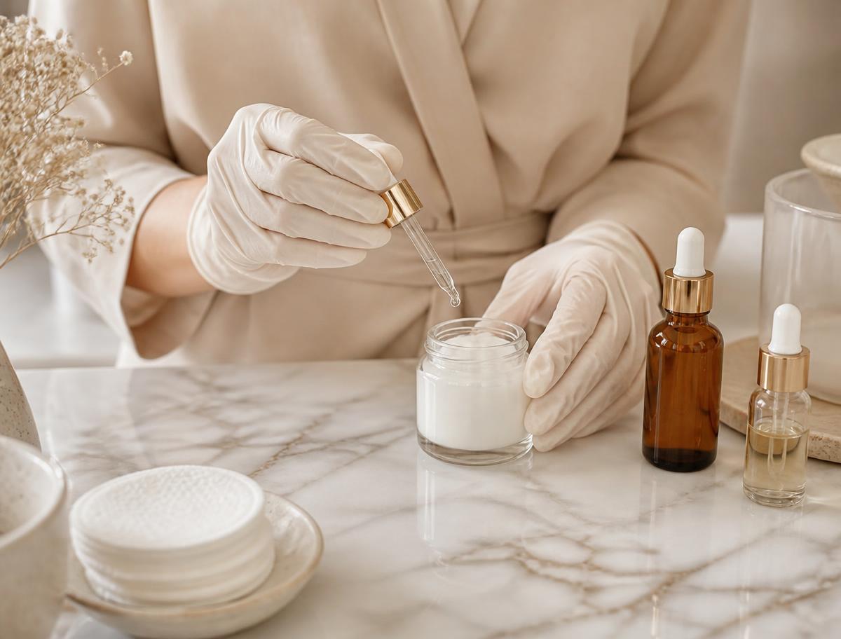 Mãos com luvas preparando produtos de cuidado com a pele sobre bancada de mármore