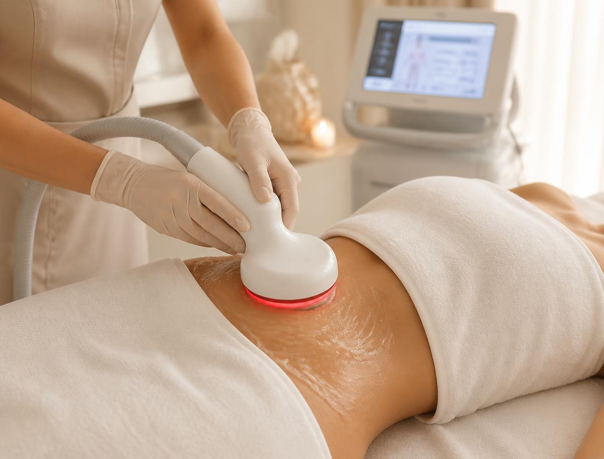 Aplicação de ultrassom estético corporal com equipamento profissional